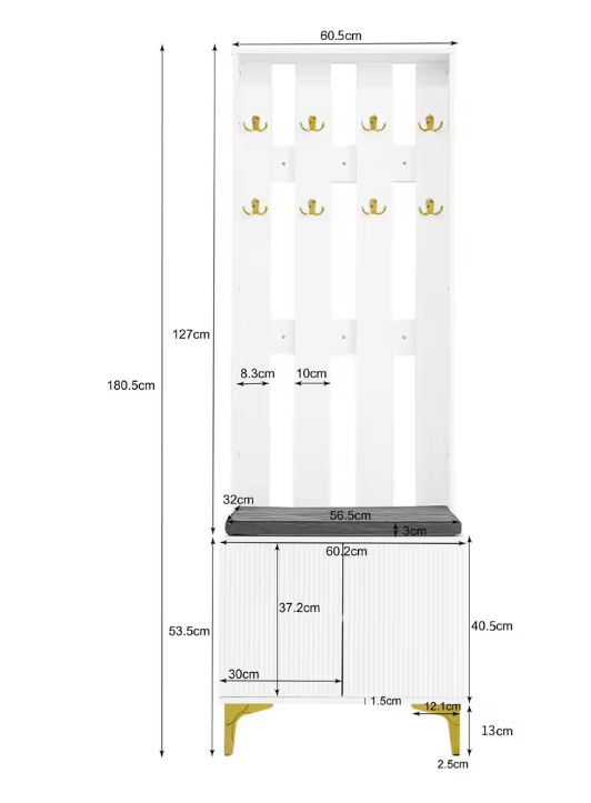 Wandkapstok met Kast, Bankje en Kussens – Moderne Haloplossing met Gouden Details, Wit