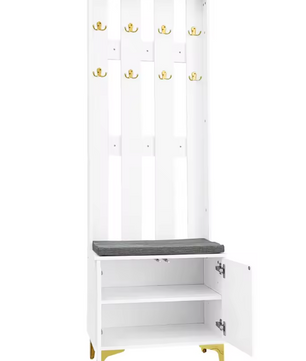 Wandkapstok met Kast, Bankje en Kussens – Moderne Haloplossing met Gouden Details, Wit