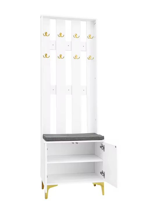 Wandkapstok met Kast, Bankje en Kussens – Moderne Haloplossing met Gouden Details, Wit
