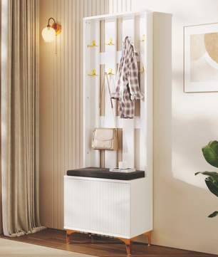Wandkapstok met Kast, Bankje en Kussens – Moderne Haloplossing met Gouden Details, Wit