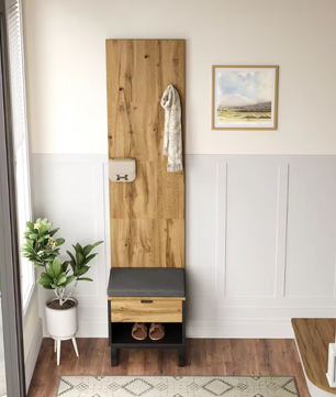 Halmeubel met Kast, Schoenenbank en Lades – Houtlook en Zwart, 210 cm