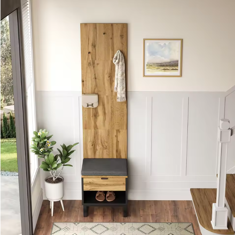 Halmeubel met Kast, Schoenenbank en Lades – Houtlook en Zwart, 210 cm