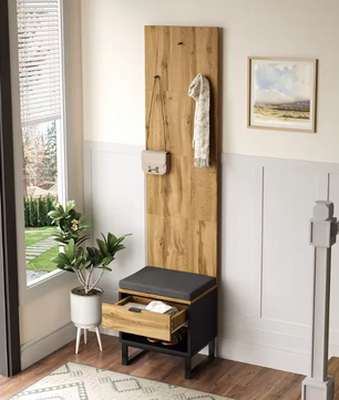 Halmeubel met Kast, Schoenenbank en Lades – Houtlook en Zwart, 210 cm