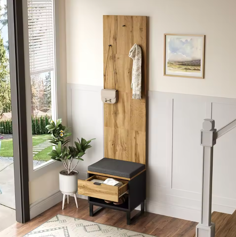 Halmeubel met Kast, Schoenenbank en Lades – Houtlook en Zwart, 210 cm