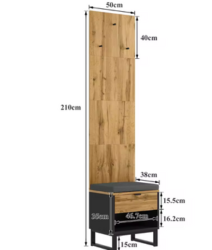 Halmeubel met Kast, Schoenenbank en Lades – Houtlook en Zwart, 210 cm