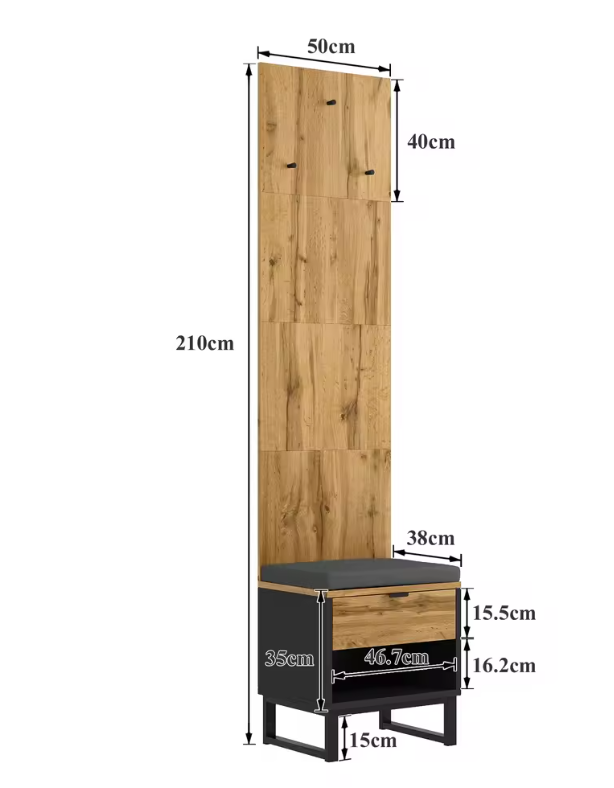 Halmeubel met Kast, Schoenenbank en Lades – Houtlook en Zwart, 210 cm