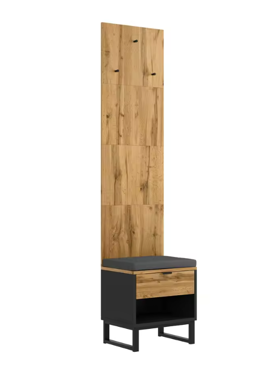 Halmeubel met Kast, Schoenenbank en Lades – Houtlook en Zwart, 210 cm