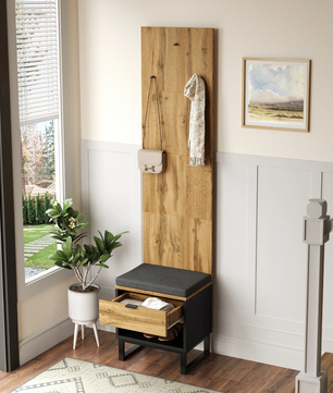 Halmeubel met Kast, Schoenenbank en Lades – Houtlook en Zwart, 210 cm