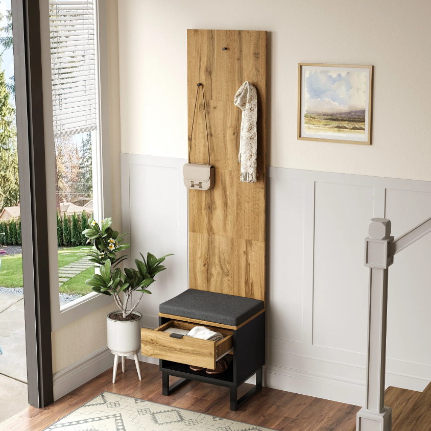 Halmeubel met Kast, Schoenenbank en Lades – Houtlook en Zwart, 210 cm