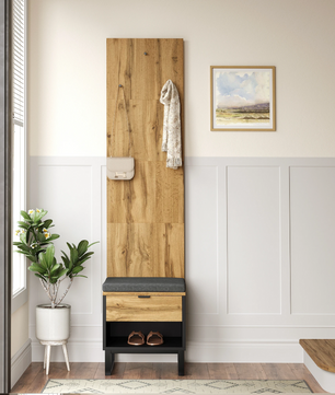 Halmeubel met Kast, Schoenenbank en Lades – Houtlook en Zwart, 210 cm