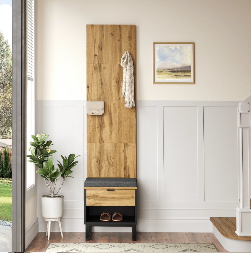 Halmeubel met Kast, Schoenenbank en Lades – Houtlook en Zwart, 210 cm