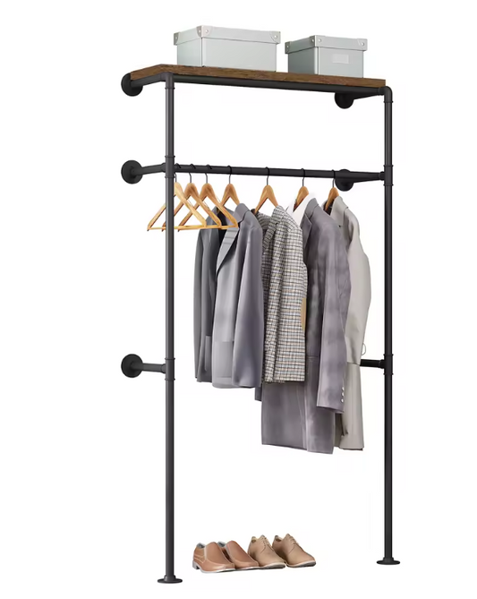 Industriële Wandkapstok met Kledingrek en Legplank – Metaal en Houtlook, 103 cm