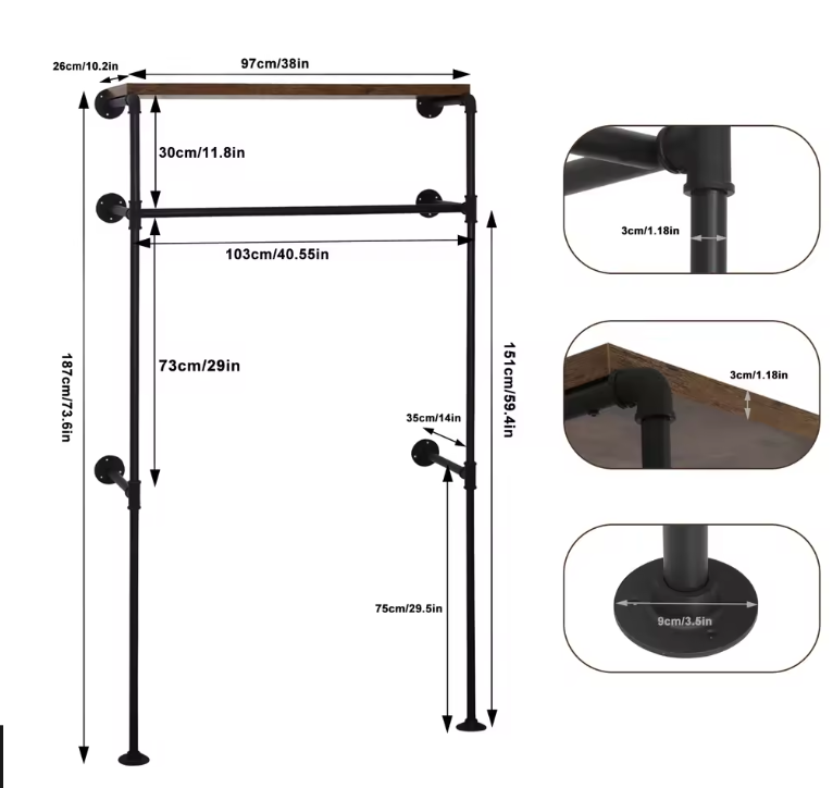 Industriële Wandkapstok met Kledingrek en Legplank – Metaal en Houtlook, 103 cm