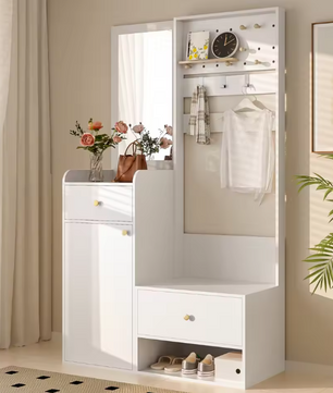 Multifunctionele Witte Hal Kast met Spiegel – Opbergkast met Lades, Kapstokhaken en Open Plank
