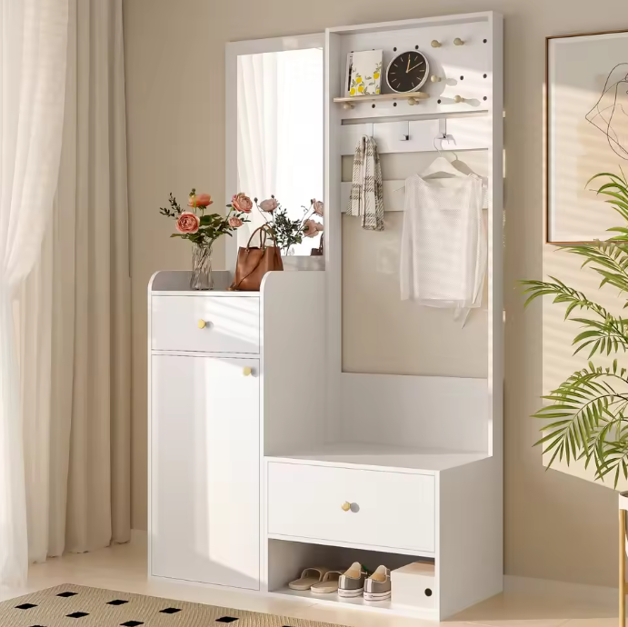 Multifunctionele Witte Hal Kast met Spiegel – Opbergkast met Lades, Kapstokhaken en Open Plank