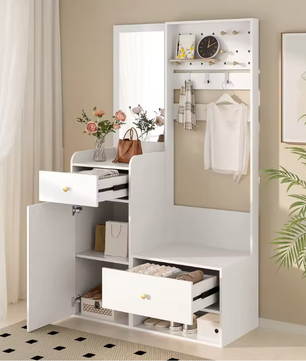 Multifunctionele Witte Hal Kast met Spiegel – Opbergkast met Lades, Kapstokhaken en Open Plank