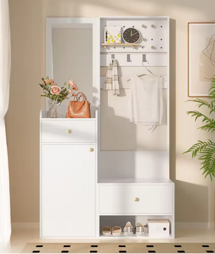 Multifunctionele Witte Hal Kast met Spiegel – Opbergkast met Lades, Kapstokhaken en Open Plank