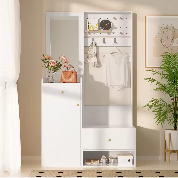 Multifunctionele Witte Hal Kast met Spiegel – Opbergkast met Lades, Kapstokhaken en Open Plank