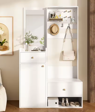 Multifunctionele Witte Hal Kast met Spiegel – Opbergkast met Lades, Kapstokhaken en Open Plank