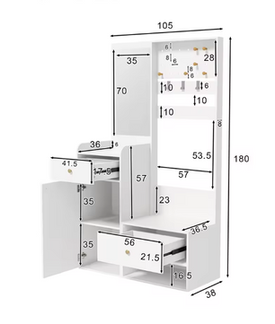 Multifunctionele Witte Hal Kast met Spiegel – Opbergkast met Lades, Kapstokhaken en Open Plank