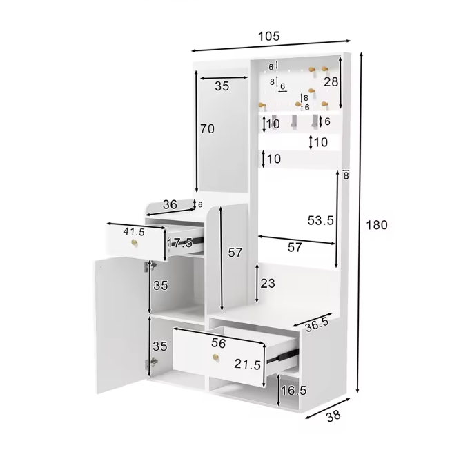 Multifunctionele Witte Hal Kast met Spiegel – Opbergkast met Lades, Kapstokhaken en Open Plank