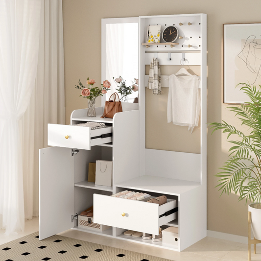 Multifunctionele Witte Hal Kast met Spiegel – Opbergkast met Lades, Kapstokhaken en Open Plank