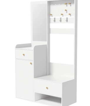 Multifunctionele Witte Hal Kast met Spiegel – Opbergkast met Lades, Kapstokhaken en Open Plank