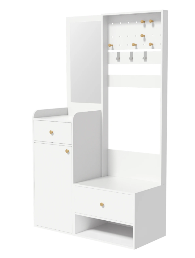 Multifunctionele Witte Hal Kast met Spiegel – Opbergkast met Lades, Kapstokhaken en Open Plank