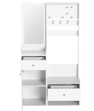Multifunctionele Witte Hal Kast met Spiegel – Opbergkast met Lades, Kapstokhaken en Open Plank