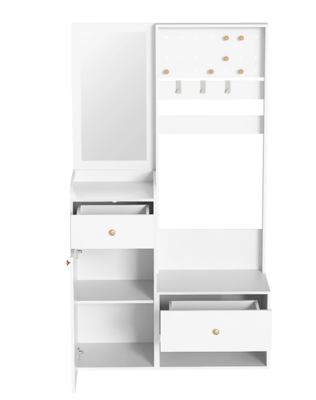 Multifunctionele Witte Hal Kast met Spiegel – Opbergkast met Lades, Kapstokhaken en Open Plank