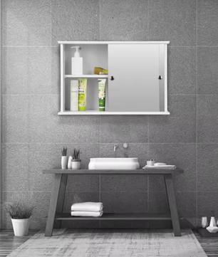 Witte Badkamer Spiegelkast – Wandkast met 2 Deuren en Verstelbare Plank