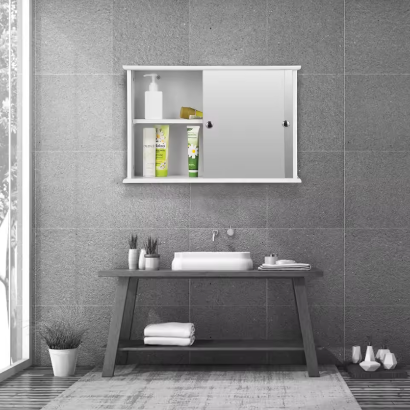 Witte Badkamer Spiegelkast – Wandkast met 2 Deuren en Verstelbare Plank