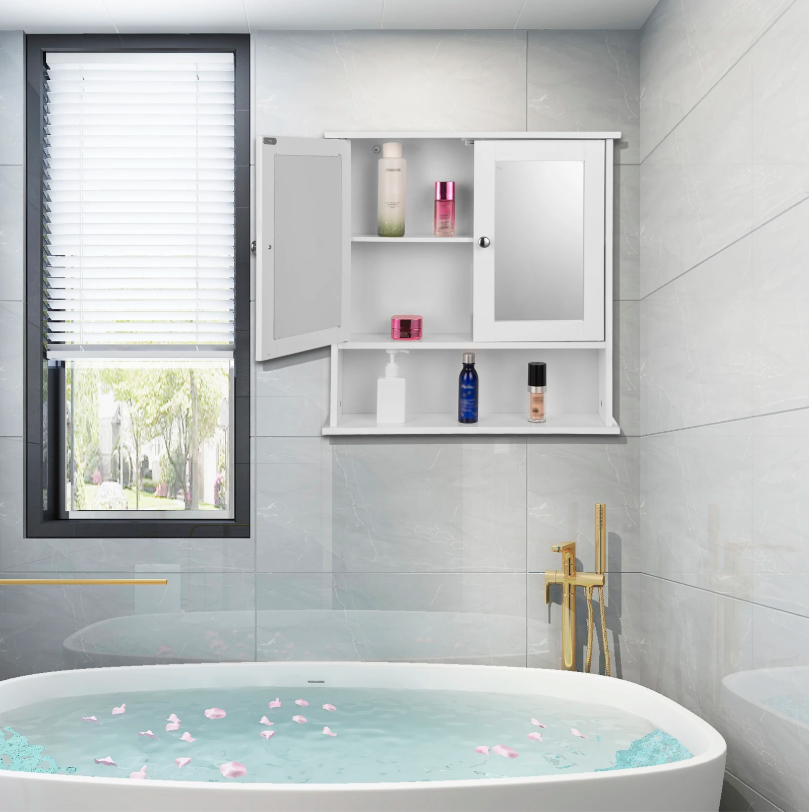 Witte Badkamer Spiegelkast – Wandkast met 3 Planken en MDF Constructie