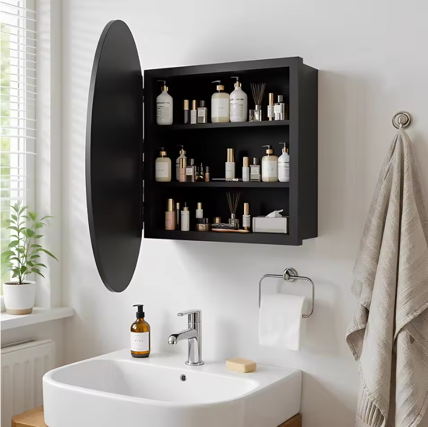 Ronde Badkamer Spiegelkast – Wandkast met Verstelbare Planken en Vooraf Gemonteerd