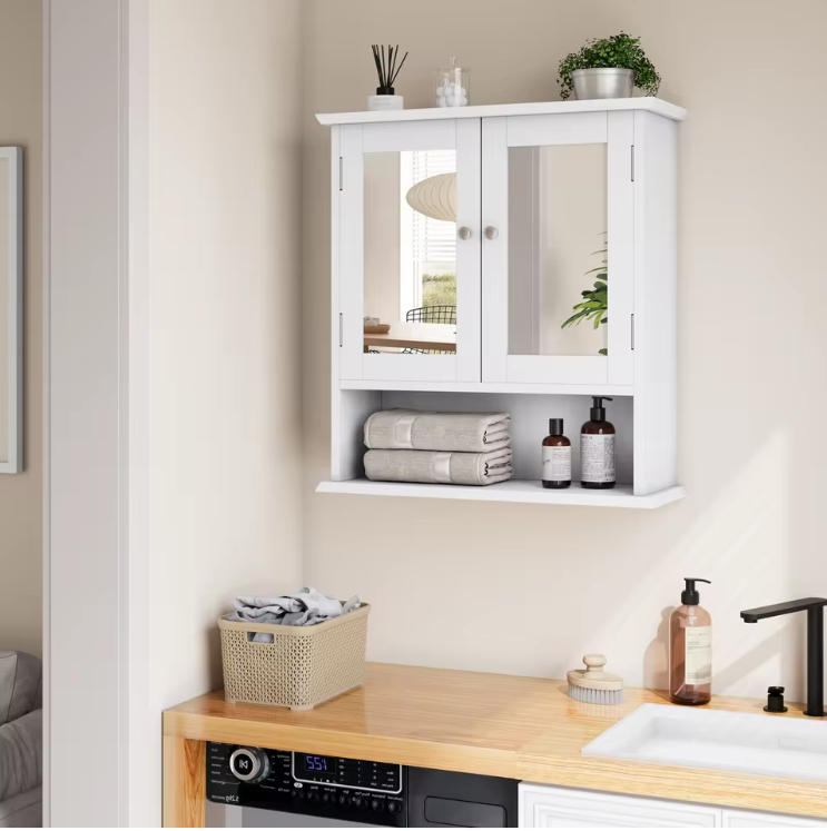 Witte Badkamer Spiegelkast – Wandkast met Verstelbare Plank en Open Vak