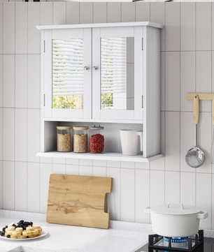 Witte Badkamer Spiegelkast – Wandkast met Verstelbare Plank en Open Vak