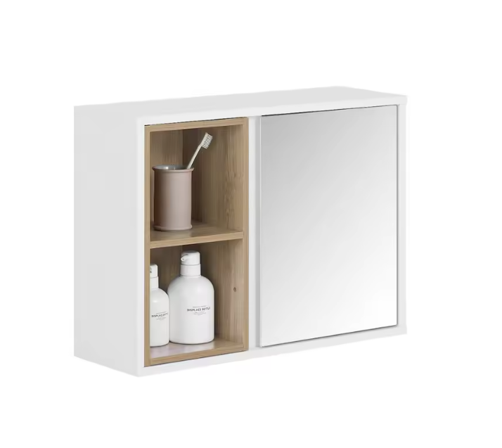 Badkamer Spiegelkast met Open Vakken – Hangkast met Spiegeldeur en Verstelbare Plank