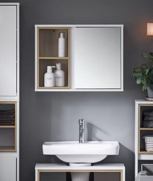 Badkamer Spiegelkast met Open Vakken – Hangkast met Spiegeldeur en Verstelbare Plank