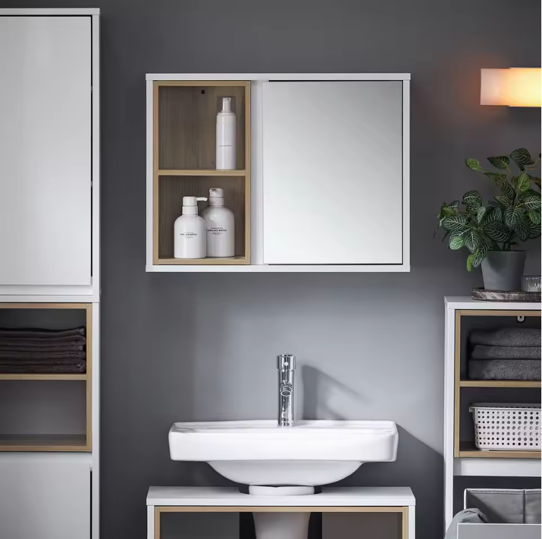 Badkamer Spiegelkast met Open Vakken – Hangkast met Spiegeldeur en Verstelbare Plank