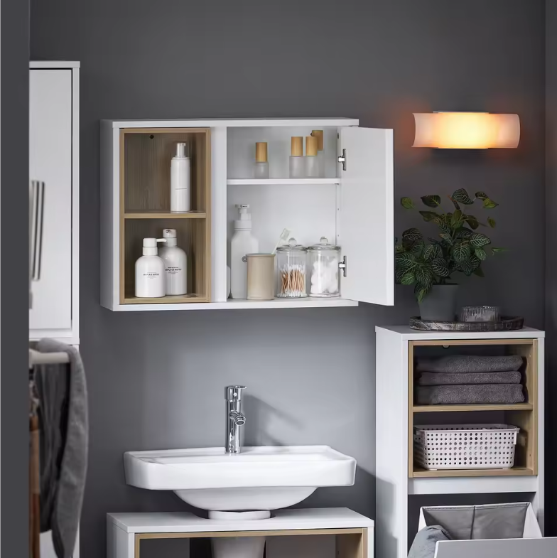 Badkamer Spiegelkast met Open Vakken – Hangkast met Spiegeldeur en Verstelbare Plank