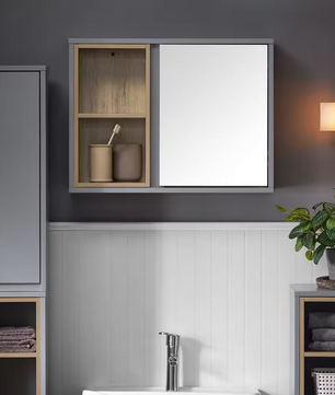 Badkamer Spiegelkast met Open Vakken – Hangkast met Spiegeldeur en Verstelbare Plank