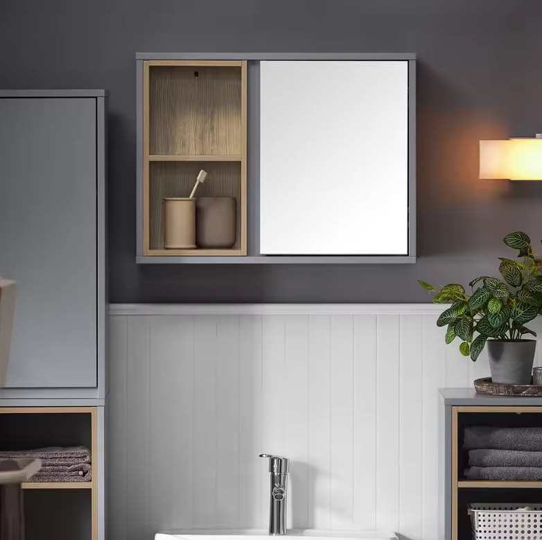 Badkamer Spiegelkast met Open Vakken – Hangkast met Spiegeldeur en Verstelbare Plank