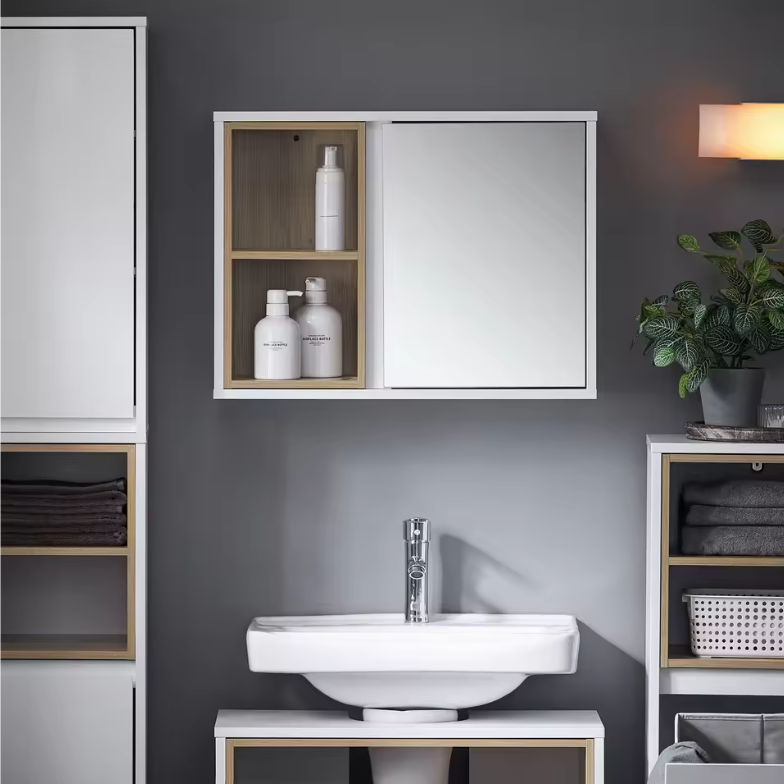 Badkamer Spiegelkast met Open Vakken – Hangkast met Spiegeldeur en Verstelbare Plank