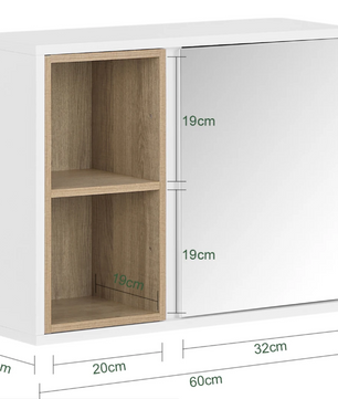 Badkamer Spiegelkast met Open Vakken – Hangkast met Spiegeldeur en Verstelbare Plank