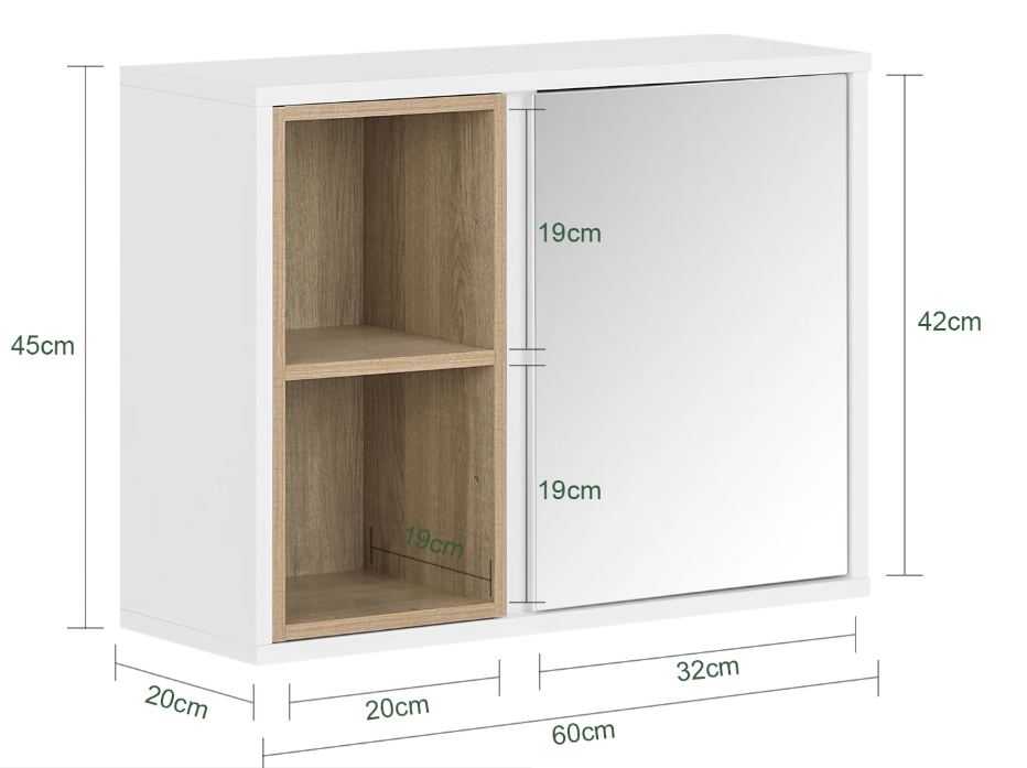 Badkamer Spiegelkast met Open Vakken – Hangkast met Spiegeldeur en Verstelbare Plank