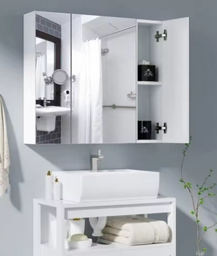 Witte Badkamer Spiegelkast – Wandkast met 3 Spiegeldeuren em Houten Opbergruimte