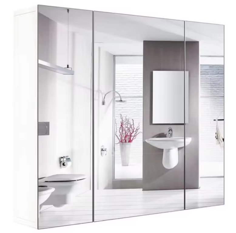 Witte Badkamer Spiegelkast – Wandkast met 3 Spiegeldeuren em Houten Opbergruimte