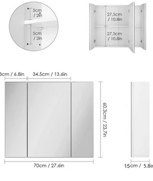 Witte Badkamer Spiegelkast – Wandkast met 3 Spiegeldeuren em Houten Opbergruimte