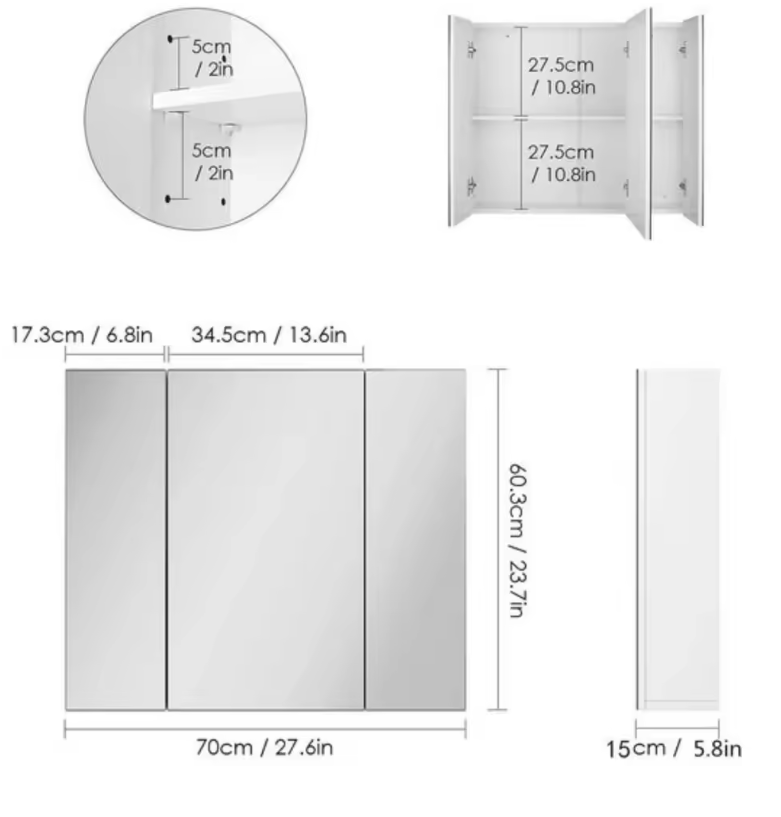 Witte Badkamer Spiegelkast – Wandkast met 3 Spiegeldeuren em Houten Opbergruimte