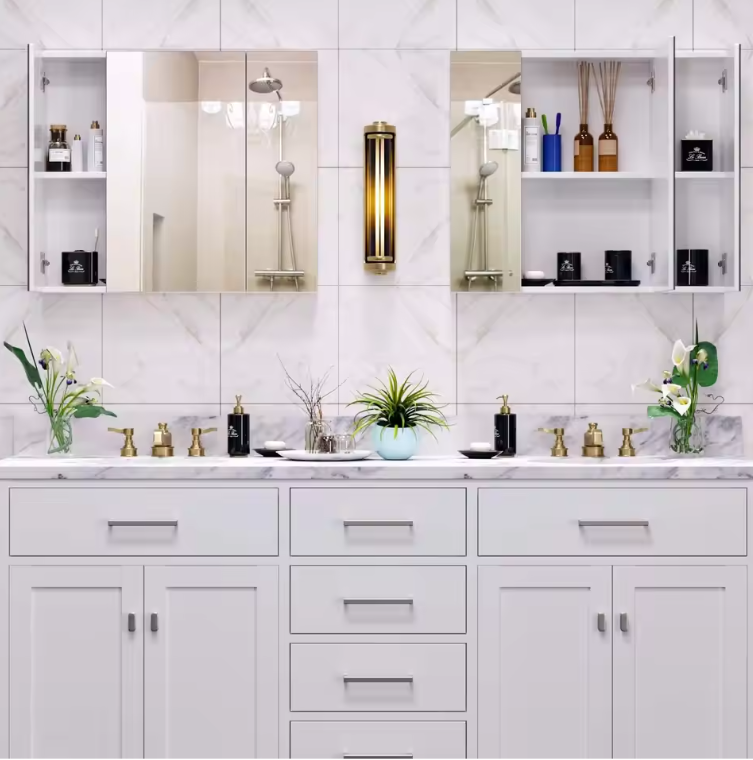 Witte Badkamer Spiegelkast – Wandkast met 3 Spiegeldeuren em Houten Opbergruimte